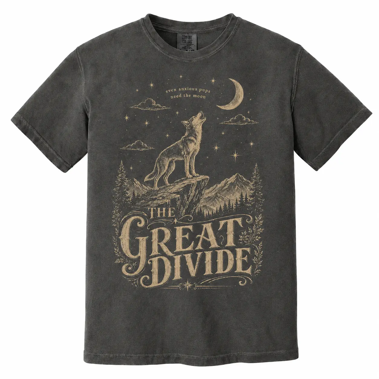 Vintage The Great Divide Comfort Colors T-Shirt, Retro Wolf Howling at Moon Graphic Tee, Cosmic Nature Wild Animal Short Sleeve Crewneck Top for Men Women