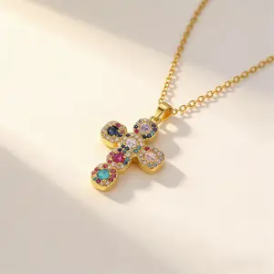 X2825/X2826 Necklace for Women Cross-Border European and American Jewelry Full Diamond Cross Pendant Necklace Colorful Zircon Necklace Clavicle Chain