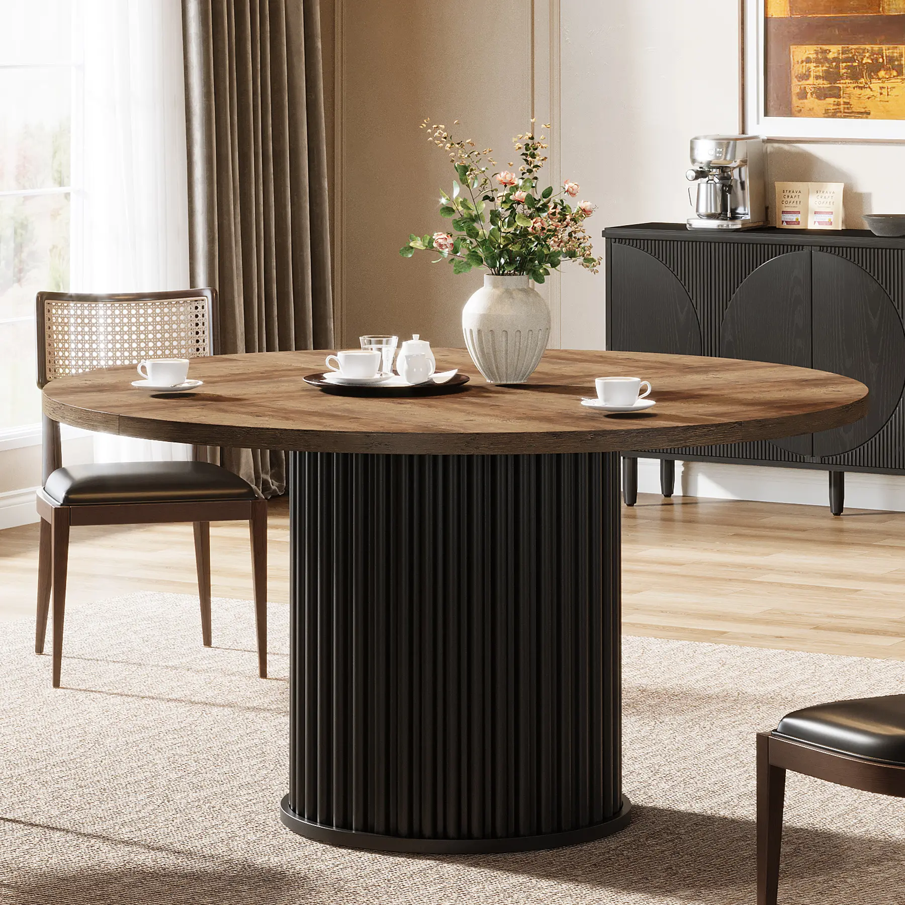 LITTLE TREE 47.24-Inch Black Round Dining Table for 4-6 People, Modern Fluted MDF + Metal Base Kitchen Table, Sturdy Circle Dining Room Furniture, Black