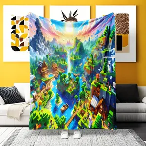 A Minecraft Fantasy World Flannel Throw Blanket – Ultra-soft for Home, Camping & Office! Features a vibrant blocky landscape. Luxurious texture, ideal for gamers seeking versatile comfort and decor.