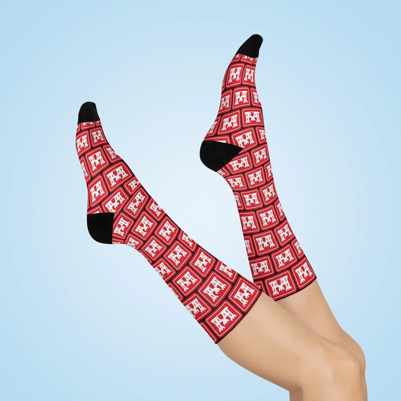 Castle Logo Army Corps of Engineers Crew Socks, Red Patterned Military Style Socks, Engineering Novelty Crew Socks, Unisex Socks for Engineers & Supporters, Gift