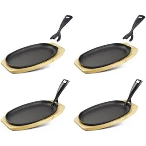 4 Set Cast Iron Skillet Sizzling Plate With Wooden Base Fajita Skillet With Removable Handle For  Barbeque Kitchen Service