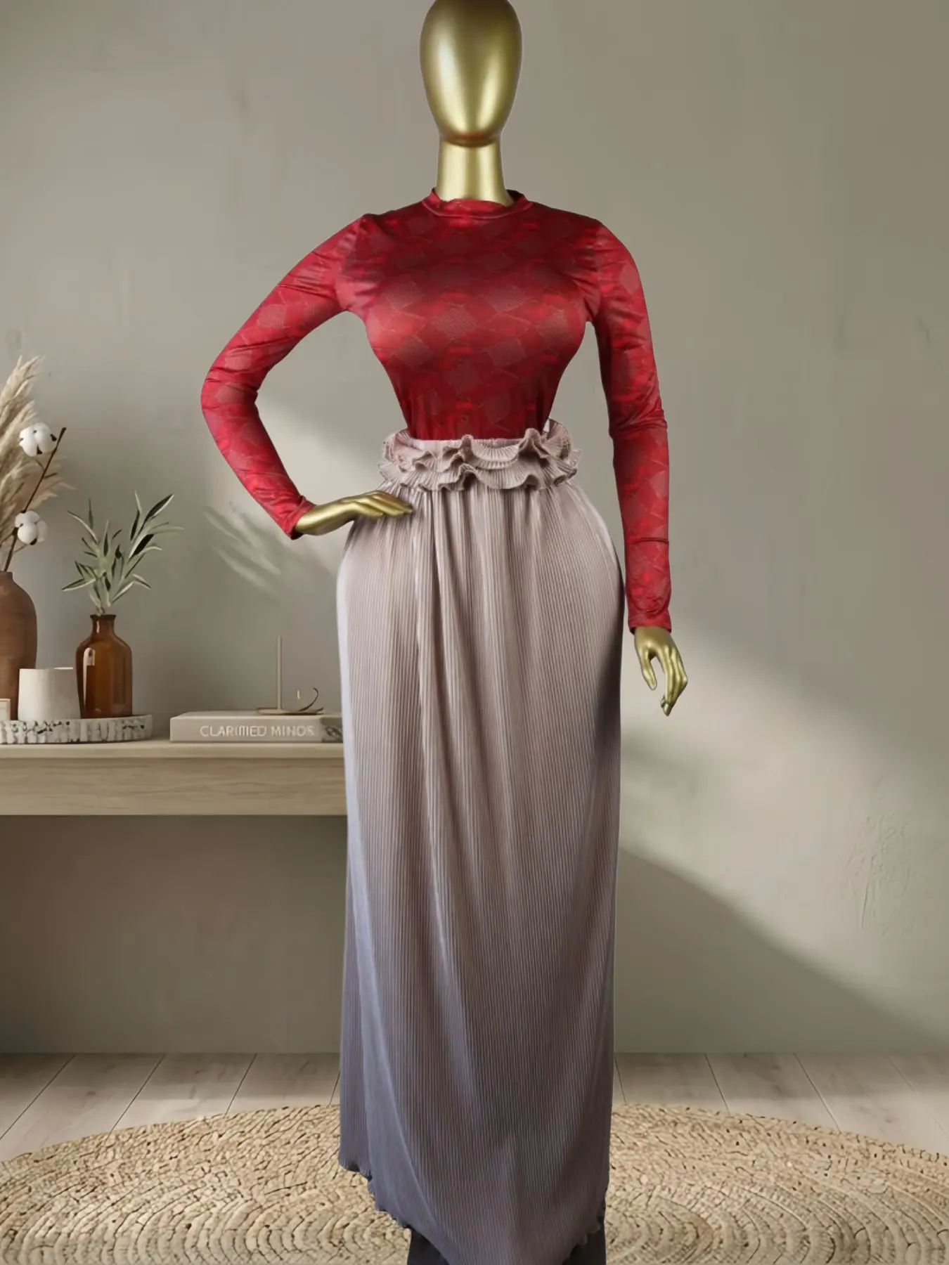 QFAF Red Two Piece Skirt Set for Women 2026 Valentine’s Day Outfit, Long Sleeve Stretch Fitted Top with Clean Round Neck, High Waist Pleated Maxi Skirt with Ruffle Waist Detail, Elegant Slimming Matching Set for Date Night Party Dinner Holiday Look