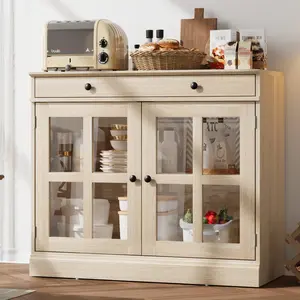 35.4" Sideboard Buffet Cabinets with Storage, Kitchen Coffee Bar Cabinet with Glass Door, Modern Sideboard Buffet with Drawer, White Sideboard Cabine for Living Room, Dining Room, Kitchen