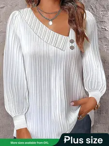 【Plus Size】 Plain Basic Fake Buttons Asymmetrical Neck Blouse Shirts, Casual Elegant Fitted Bishop Long Sleeve Top for Summer, Womenswear, Women's Plus Clothing for Daily Everyday Wear