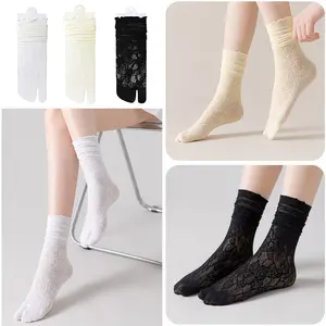 3 pairs Women Flip Flops Mesh Novelty Slouch Socks Breathable Lace Mesh Crew Sock Japanese Toes Separated Sock for Men Women Unisex