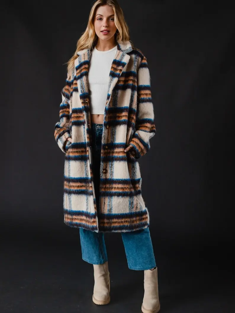 Women's Cream Rust & Blue Plaid Coat - Long Jacket for Winter - Womenswear, Outerwear