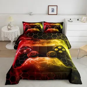 Feelyou 3D Honeycomb Gamer Duvet Set, Breathable Microfibre Bedding, Red Yellow Lightning Multicolor Design, Decorative Bedroom Luxury Comforter Set, Decorative Bedding Set