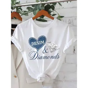 Denim Heart And Diamond Graphic Tee Unisex Top Cute Casual Crewneck Short Sleeve T Shirt Soft Lightweight Streetwear Everyday Outfit Gift