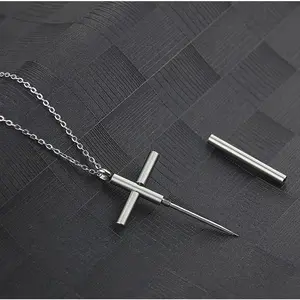Fashionable Stainless Steel Cross Necklace – Stylish Pendant with Hidden Toothpick/Card Needle Function, Perfect Gift for Men and Women