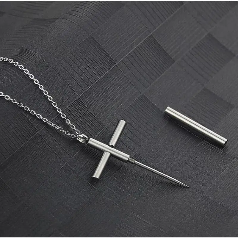 Fashionable Stainless Steel Cross Necklace – Stylish Pendant with Hidden Toothpick/Card Needle Function, Perfect Gift for Men and Women