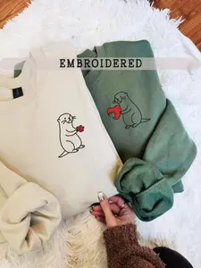 [Made in US] Embroidered Matching Otter Valentines Sweatshirt, Custom Cute Couples Gift, Embroidered Hoodie for Valentine's Day Celebration,