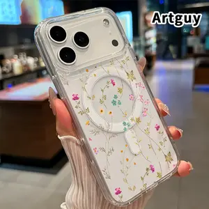 Magnetic Soft Case for iPhone 17 16  Pro Max Plus 15 14 13 12 11 Air E Floral Reverie Pattern Anti-Yellowing Shockproof ultra-thin Silicone Crystal Transparent Acrylic Large Hole Cover Supports Wireless Charging