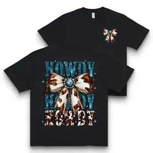 Women's Western Turquoise Bow Printed Round Neck Short Sleeve T-Shirt, Gifts For Mom, Western Cowgirl T-Shirt