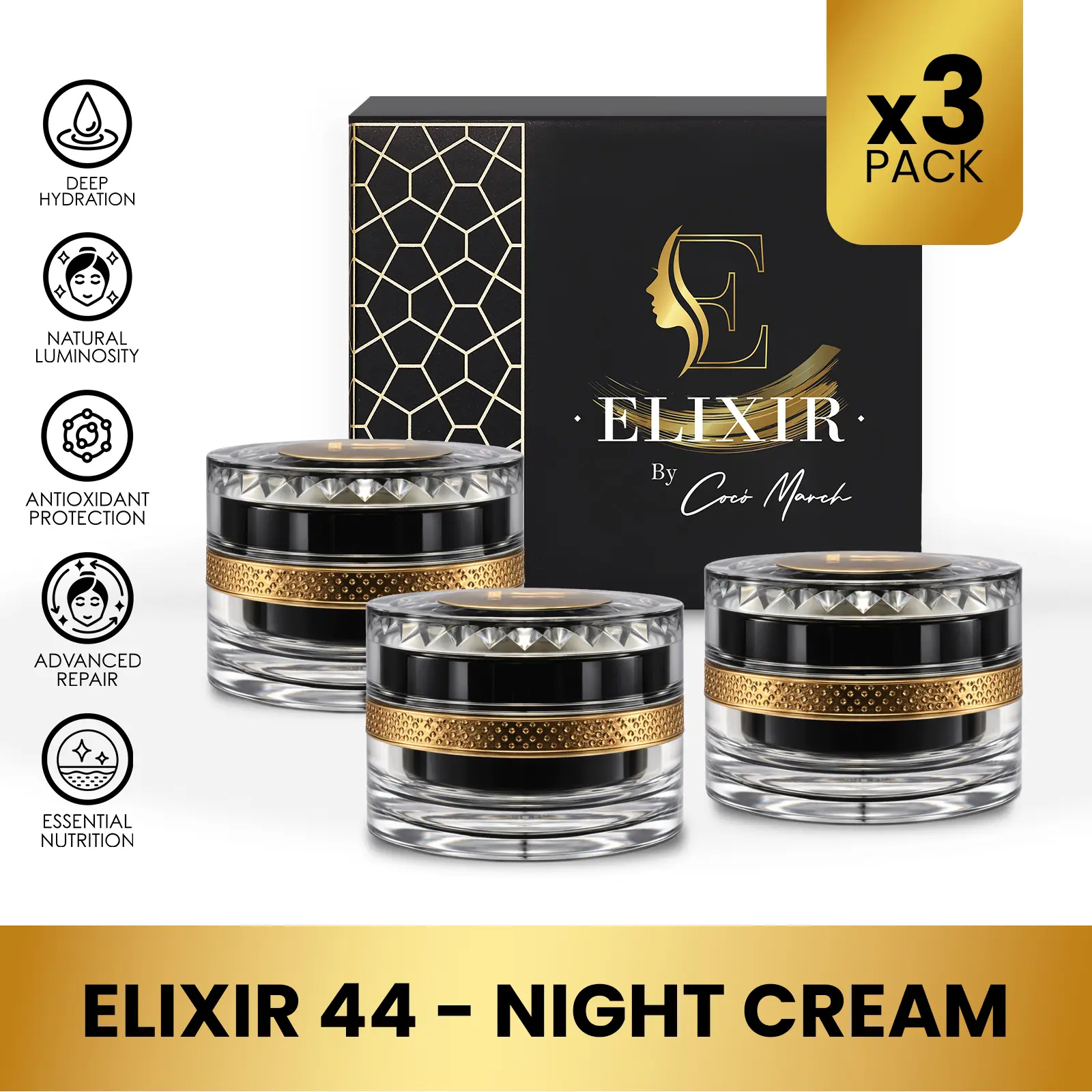 3 Pack of Coco March Elixir 44 Night Cream, Facial Care Products - Luxurious Silk Anti-Aging Cream