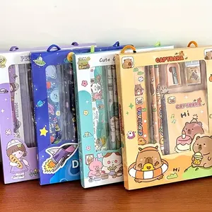 24-piece/4-set cute cartoon stationery set, exquisite pencil set, fun design, includes pencil, ruler, eraser, pencil sharpener, notebook, classroom reward, back-to-school supplies, holiday gift, Art Materials