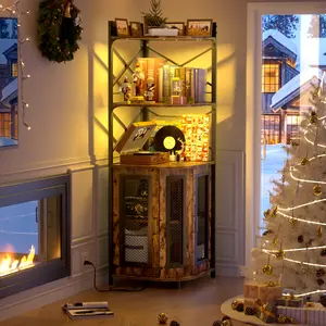 Corner Bar Cabinet with Power Outlet,  Cabinet with LED Strip and Glass Holder, Cabinet Bar Unit for Home Coffee Utensils Metal Sturdy Bottles