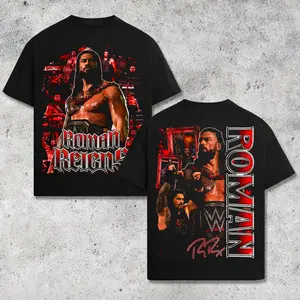 [WWE] Roman Reigns Tribal Chief Wrestling Graphic T-Shirt, WWE Champion Inspired Streetwear Tee, Bloodline Era Red Black Design, Undisputed Title Shirt, Oversized Cotton Unisex Casual Outfit, Retro Style Fan Apparel Gift