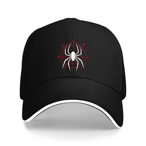 A red spider web baseball cap with contrasting color brim, adjustable design, suitable for outdoor sports, unisex, trucker hat