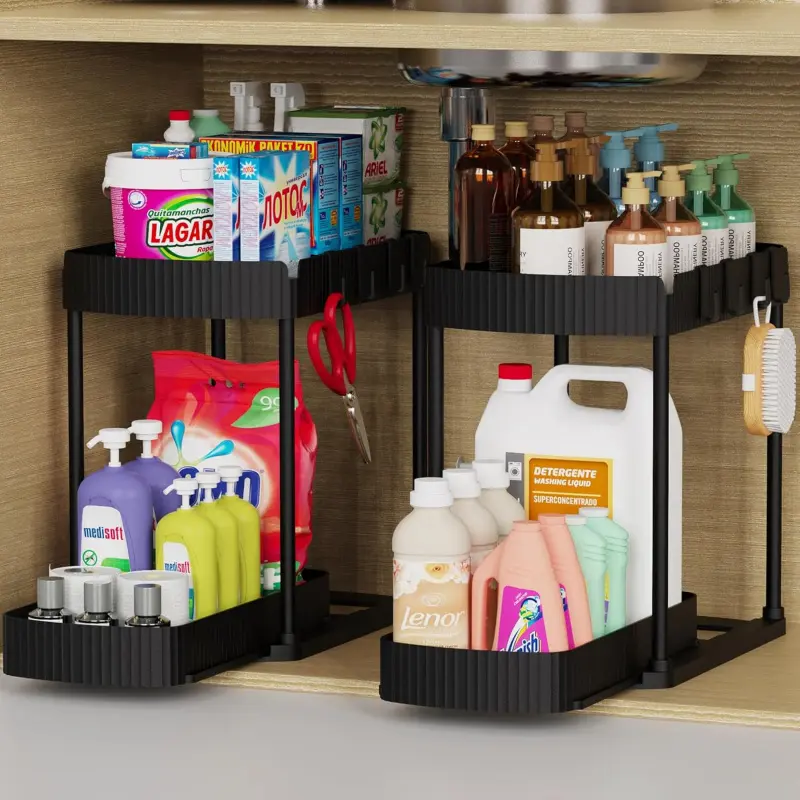 Convenient 2-Pack Rectangular Multi-Purpose Pull-Out Storage Organizers - 12.8 in Black Units for Bathroom, Kitchen, Fishing Storage Needs