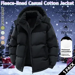 Winter hooded casual fleece-lined men's coat,removable hood,warm color-blocked cotton jacketcouples' style winter cotton coat, outerwear top.