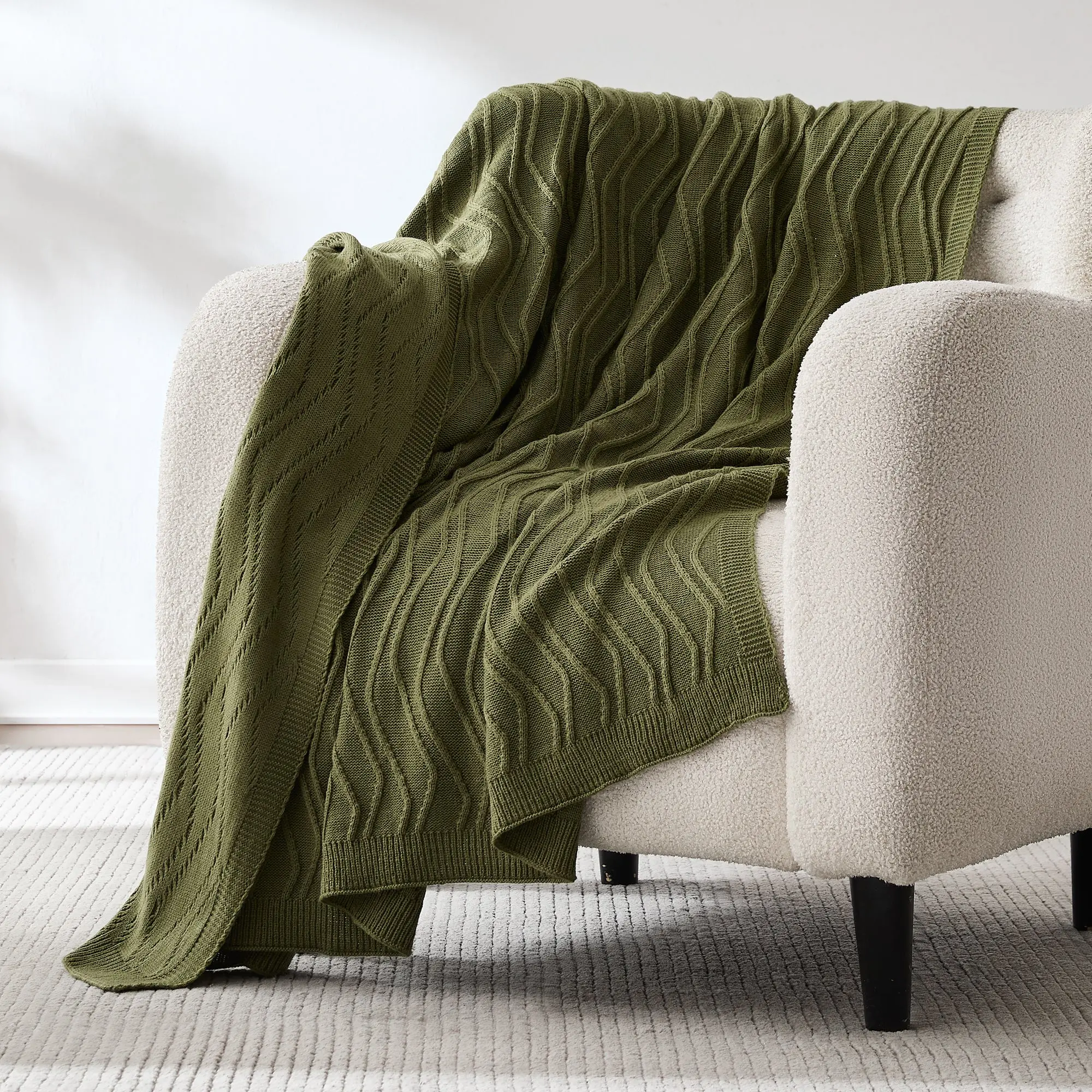 Lush Decor x Chuks Collins Shadow Bloom Cable Knit Throw Blanket, Olive Green with Ribbed Borders, Ultra Soft Cozy Warm Sofa Blanket, All-Season Soft Cozy Throw for Home Comfort