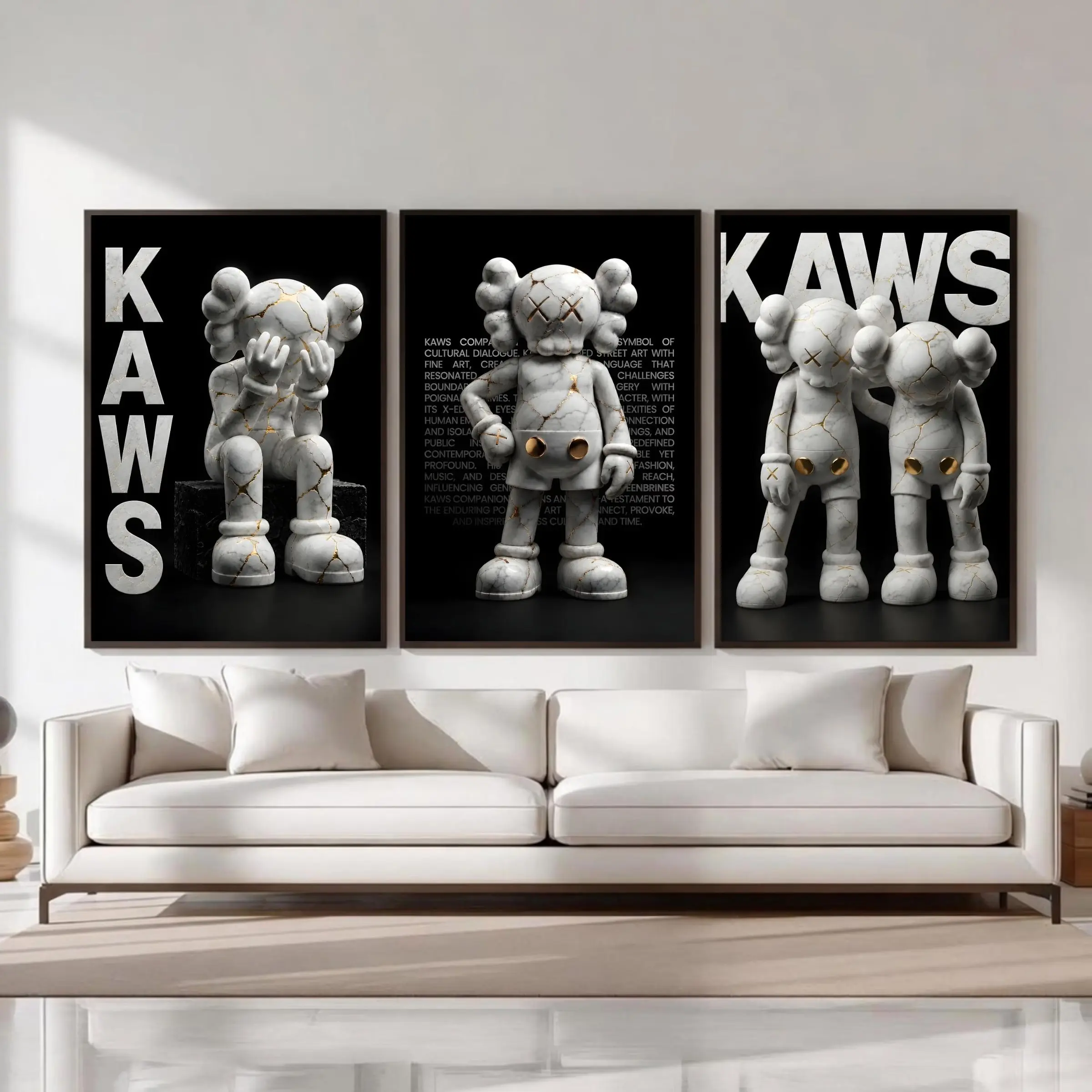 KAWS Style Poster Set of 3, Hypebeast Room Decor, White Gold Wall Art, Marble Figure Print, Sneaker Room Decor, Modern Wall Art