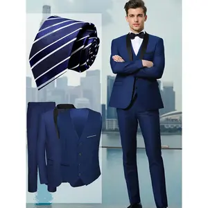 Men’s 4-Piece Blue Suit Set: Shawl Collar One-Button Blazer, Vest, Pants, Bow Tie, Handkerchief & Belt – Slim Fit, Perfect for Business, Weddings & Parties