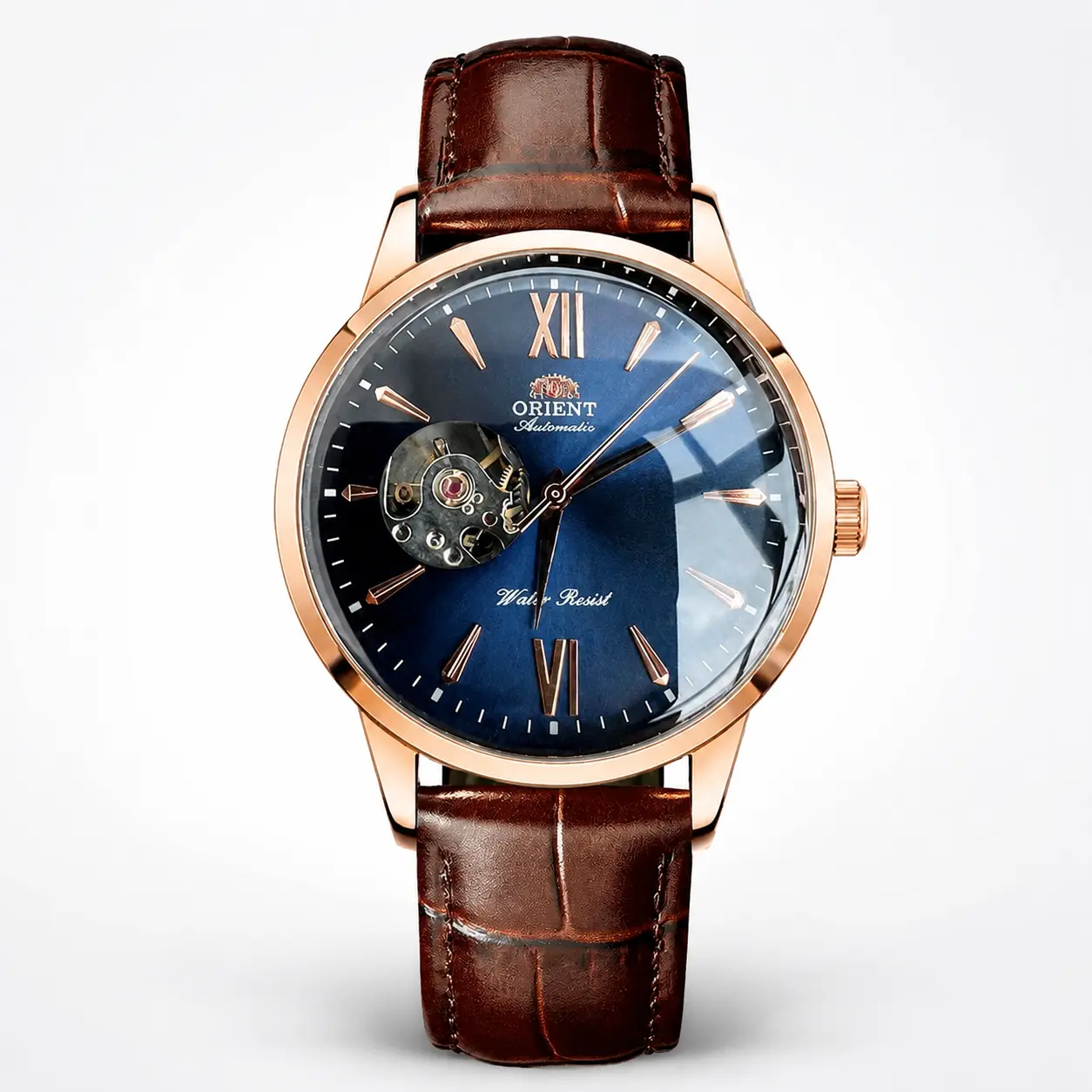 Men's Skeleton Automatic Mechanical Watch - Rose Gold Case, Blue Dial, Brown Leather Strap, Roman Numeral Markers, Business-Formal Wrist Watch, Water-Resistant Fashion Accessory