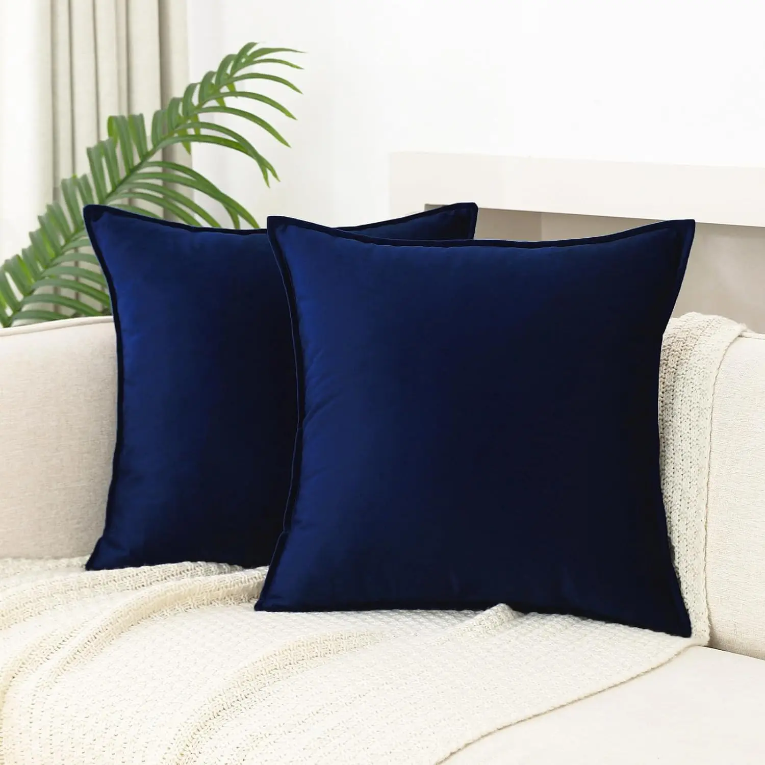 High-Quality Velvet Navy Blue Cushion Covers (18x18 in/45x45cm) Pack of 2 - Soft Decorative Cushion Slipcovers with High-Quality Hardware for Couch, Living Room