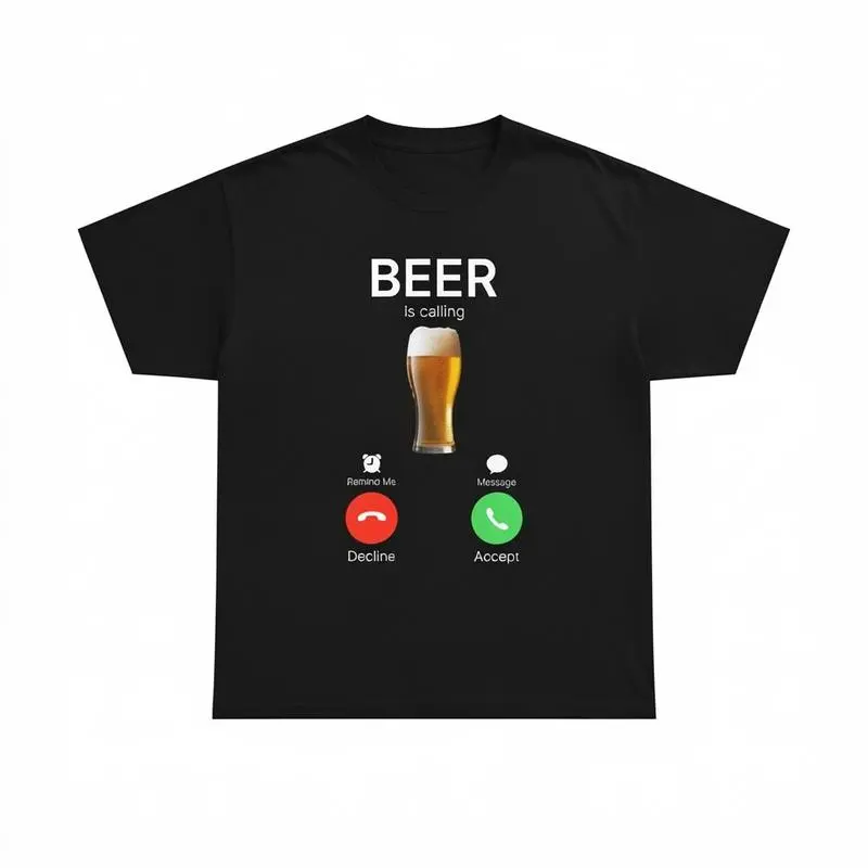 Men's Cotton Crew Neck "Beer Is Calling" Graphic T-Shirt - Short-Sleeve Fashion Top, Basic Casual Classic Shirt