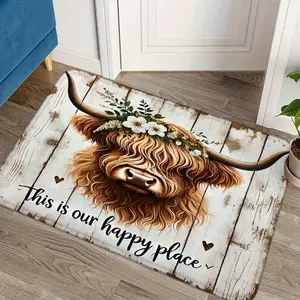[Non-Slip Door Mat] Non-Slip 1pc Charming Floral Highland Cow Door Mat | Vintage Wood Grain Design, Cow Print Rug, Soft Polyester Fabric, Machine Washable