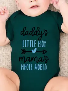 Baby Boys' Cartoon Print Short Sleeve Romper, Daddy's Little Boy Design, Perfect Gift for Newborns, Casual Fitted One-Piece Jumpsuit, Baby Boy Clothes