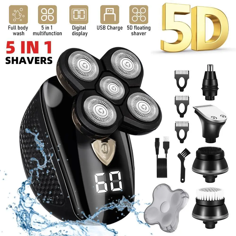 Rechargeable Bald Head Hair Beard Trimmer Razor Wet Dry, 5 in1 Head Shavers for Bald Men, Detachable Cordless Shaver, 5D Electric Razor Waterproof for Bald Men, Wet/Dry LED Display Rechargeable Rotary Shaver Grooming Kit,