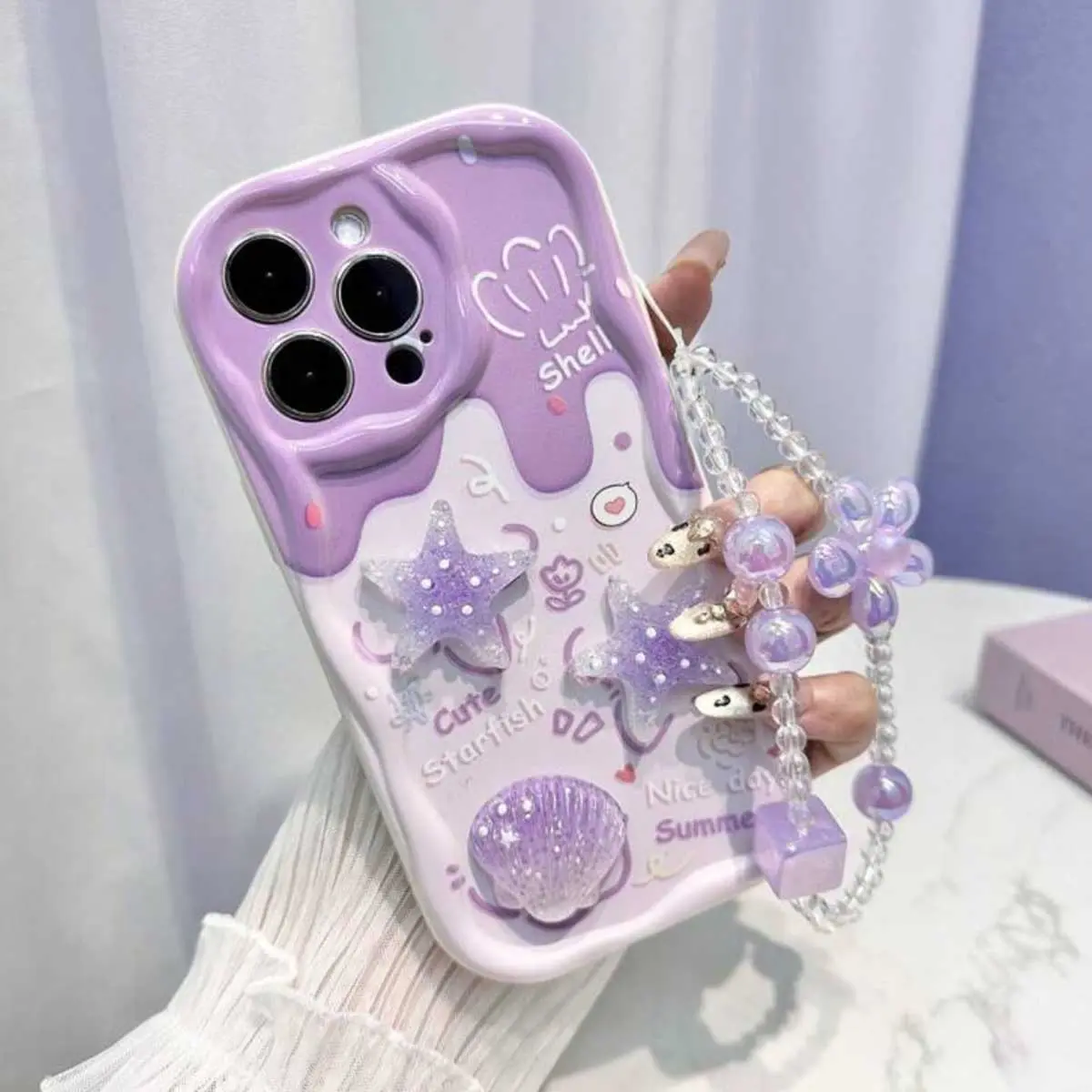 Cartoon Aesthetic Starfish Shell Phone Case, Painted Wave Print, Anti-Drop Protection Soft Cover for iPhone 16/16 Pro Max/XR/7/8/p12