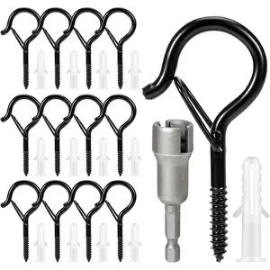 12 count Q Hanger Hooks with Safety Buckle, Windproof Screw Hooks, Outdoor String Lights, , Christmas Lights, Patio Lights Use, 2.2 Inches, Black with 1 Wing Nut Driver