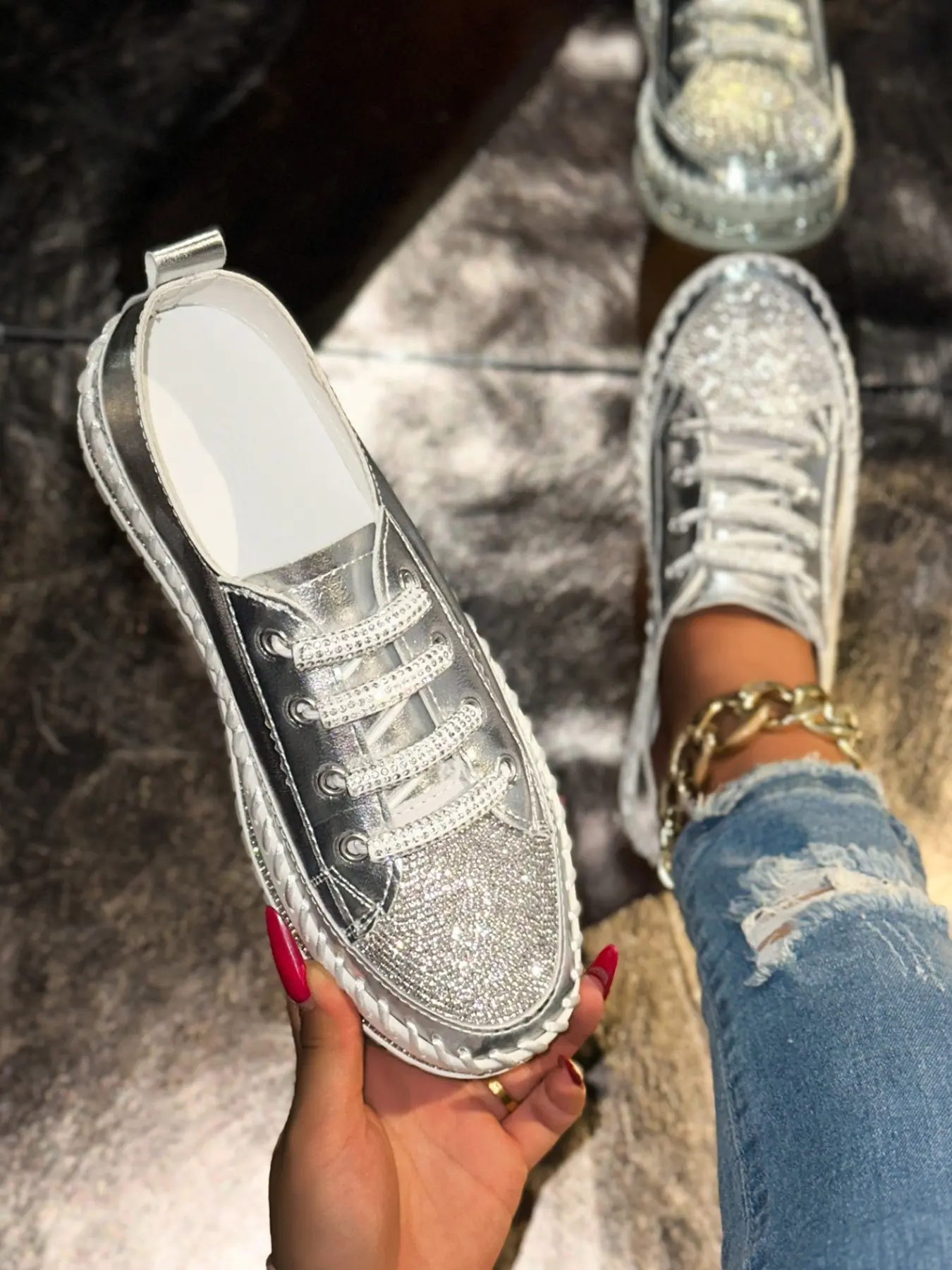 Shiny Silver Color Sequins Casual Shoes Footwear for Women, Lace-Up Chunky Sole Canvas Sneakers, Perfect for Dating and Shopping, Walking Shoes