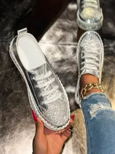 Shiny Silver Color Sequins Casual Shoes Footwear for Women, Lace-Up Chunky Sole Canvas Sneakers, Perfect for Dating and Shopping, Walking Shoes