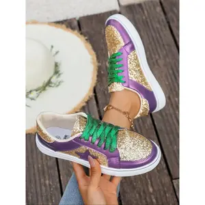 Sparkly Sequin Casual Shoes, Material, Laces & Star Design, Comfortable Walking, Perfect for Parties