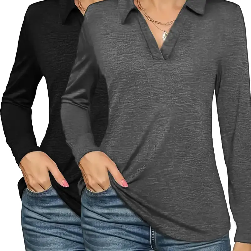 Women's Solid Color Basic Long Sleeve Premium Fitted Plain Polo Shirt Set, Casual Collared Top for Fall & Winter, Ladies Clothes for Daily Wear, Knitted Polo Shirts