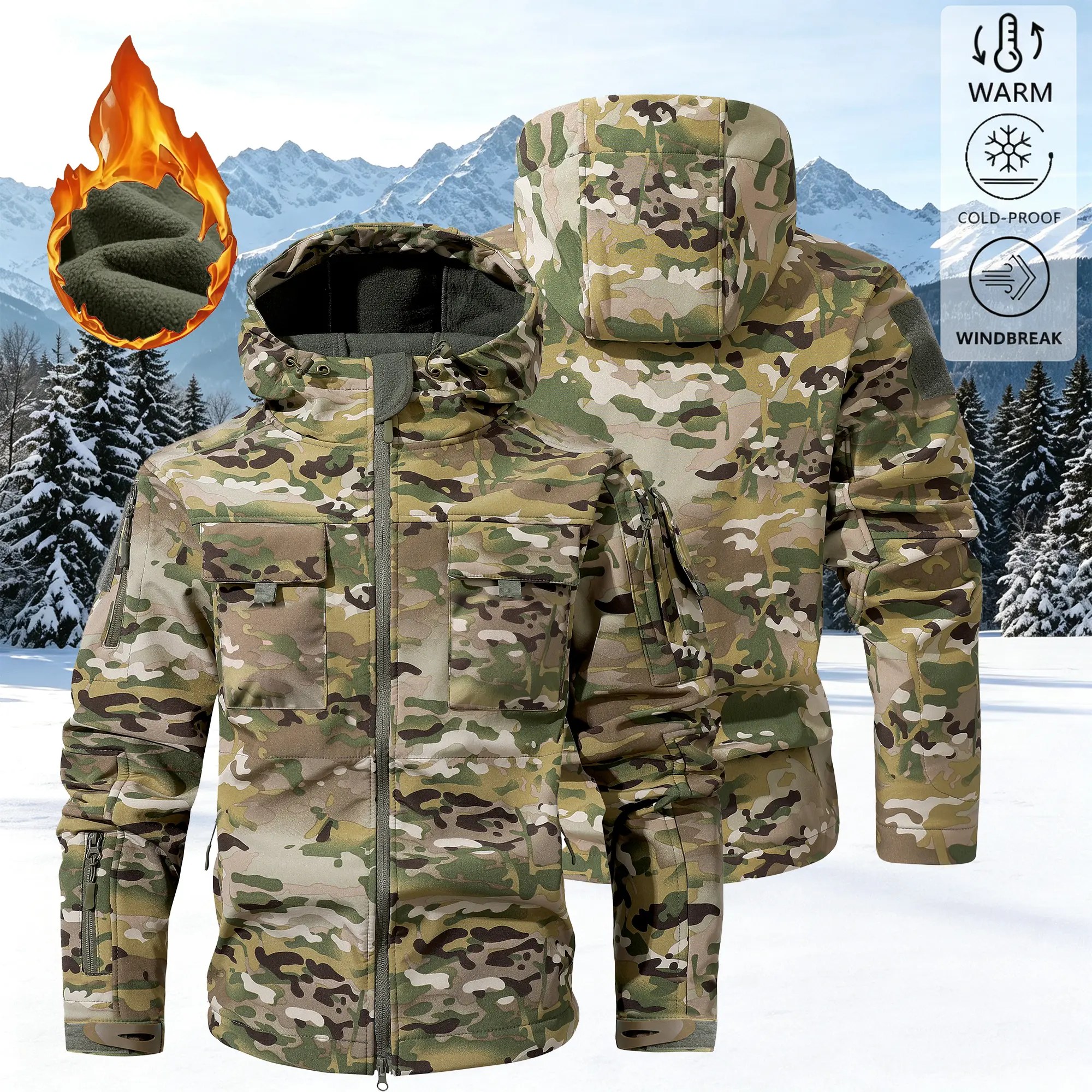 Men’s Waterproof Fleece Hooded Jacket — Half-High Collar, Slim Fit, More Than 9 Pockets, Long Sleeves, Workwear Style Military Camouflage Outdoor Trail Riding Motorcycle Gear