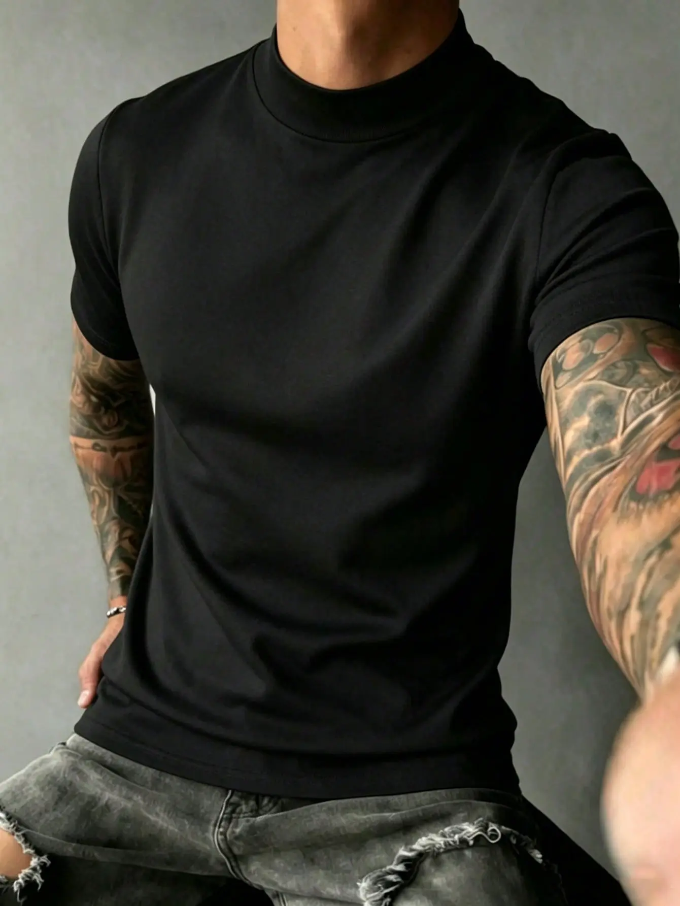 Men's Knitted Stretch Plain Mock Neck Short-Sleeve T-Shirt - Menswear for Daily Commute, Spring/Summer