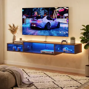 59'' Floating TV Shelf with LED Lights & Power Outlet, Floating TV Stand with Storage, Media Console Cabinet for Gaming Box, Audio & Video, Entertainment Center for Living Room, Bedroom, Black/Rustic Brown