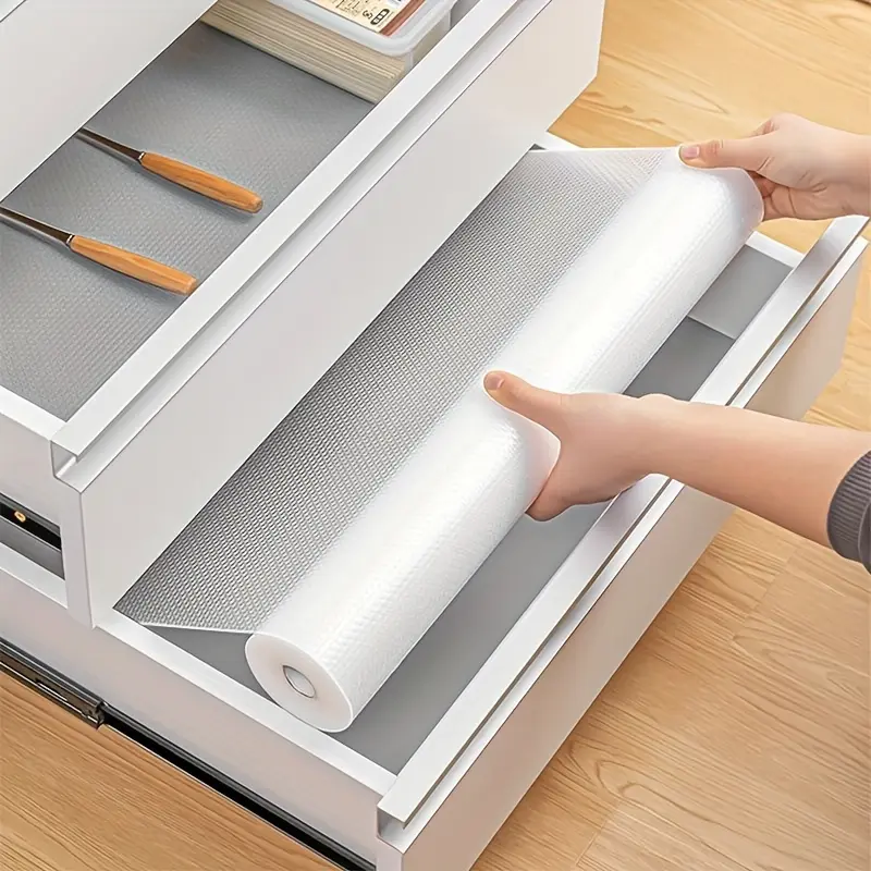 Waterproof and Moisture Resistant Drawer Liner A Multi Purpose EVA Shelf and Drawer Mat suitable for kitchens and bathrooms It is washable oil and stain resistant and designed to lie flat without curling at the edges it can be easily cut to size