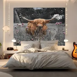 Highland Cow Wall Tapestry, Stunning Reddish-Brown Cow Digital Print Tapestry, Rustic Farmhouse Wall Hanging, Beautiful Nature Scene with Wildflowers and Grasses, Perfect for Living Room, Bedroom, and Office Decor