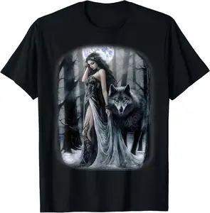 Women's Classic Knit Cotton Garment, Forest Moon Fantasy Woman & Gray Wolf Print Graphics Summer Casual Short-Sleeve Sports Top
