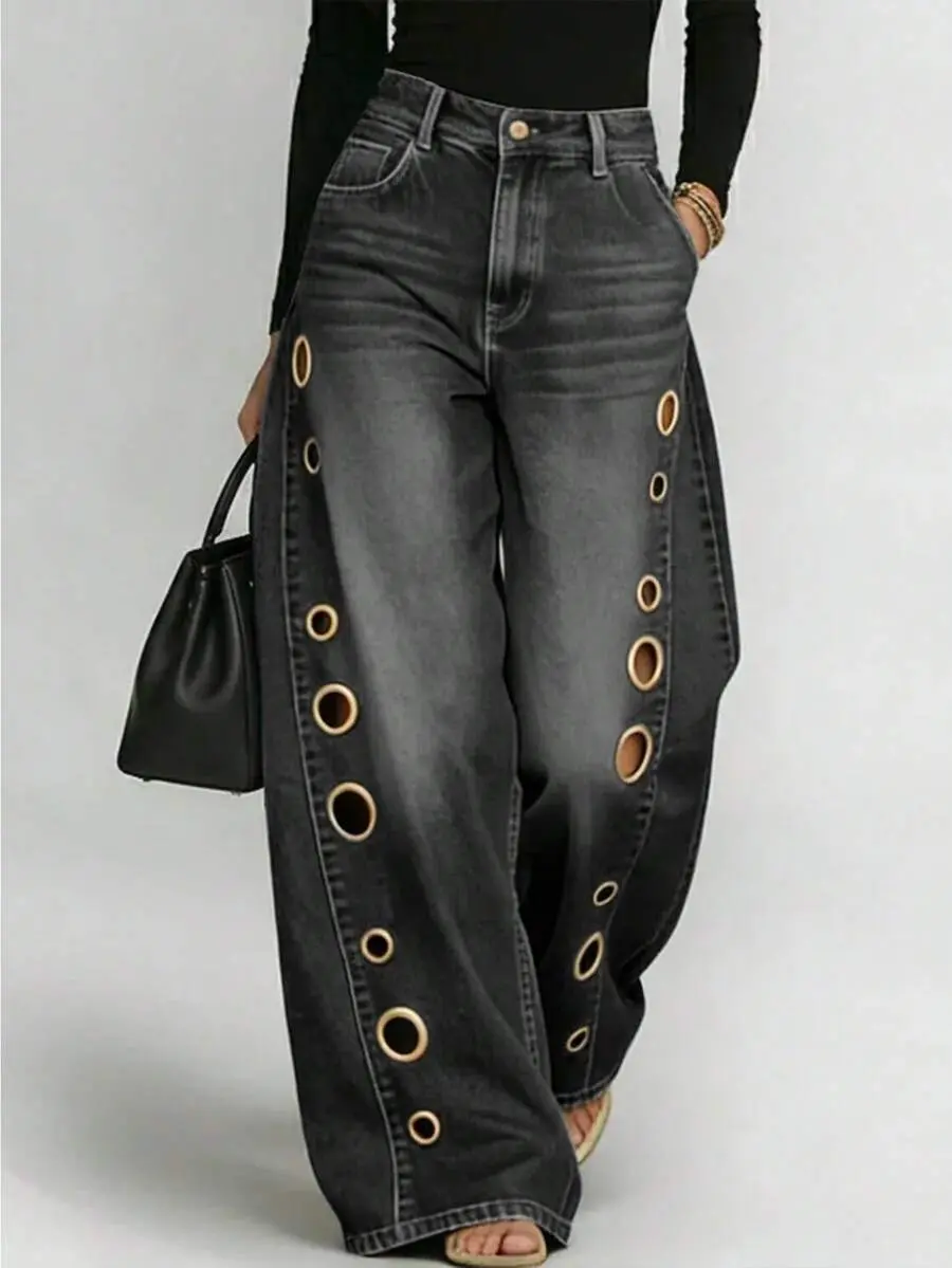 Women's High-Waisted Baggy Wide Leg Denim Pants - European & American New Design, Metal Eyelets, Casual Fit, Durable Denim Fabric, Suitable for School Wear, Zip