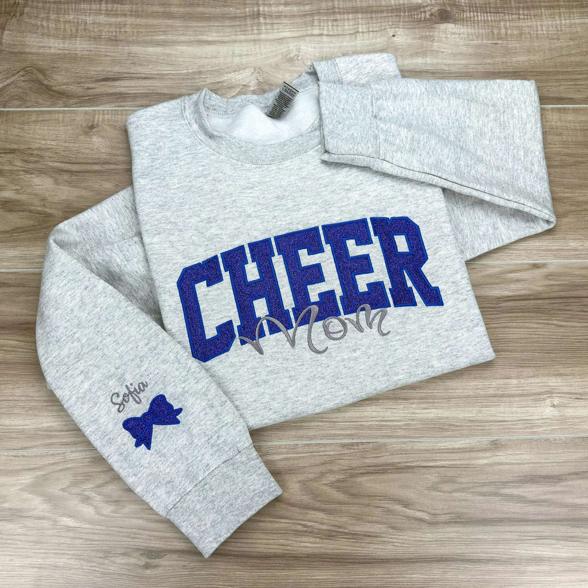 (Leave a note) Custom Embroidered Glitter Cheer Mom Sweatshirt | Embroidered with Child's Name | Personalized Cheer Team Spirit | Cheer Mom Gift