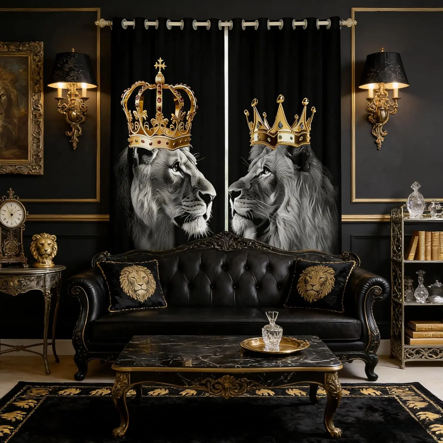 Wild Lion Couple Curtain,Gold and Crown Window Drapes,Tropical African Animal Blackout Curtains for Living Room and Bedroom