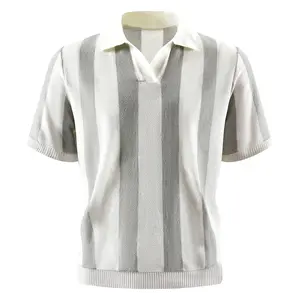Men’s vertical striped knit polo shirt with a V-neck design, short sleeves, ribbed cuffs and hem, breathable knit fabric, suitable for everyday outings, business casual wear, and summer outfits.
